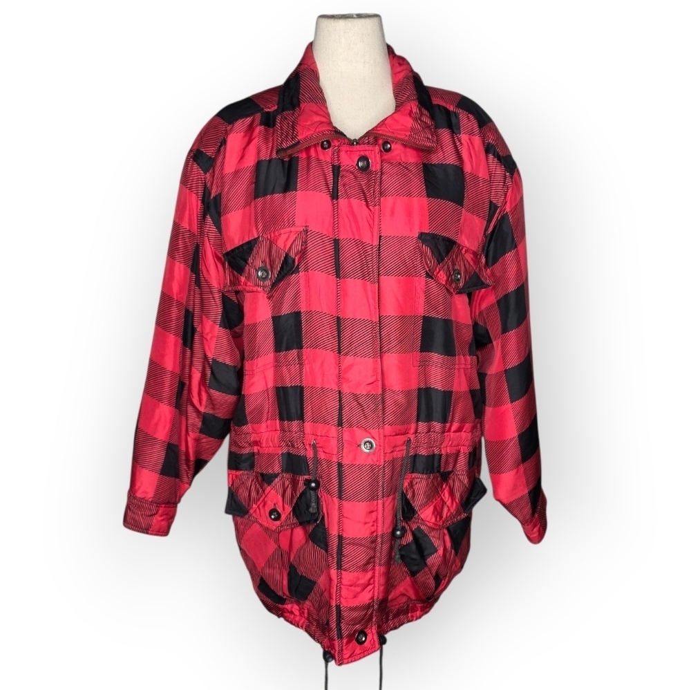 Corsini Vintage Silk Buffalo Plaid Jacket L Red Black Quilted